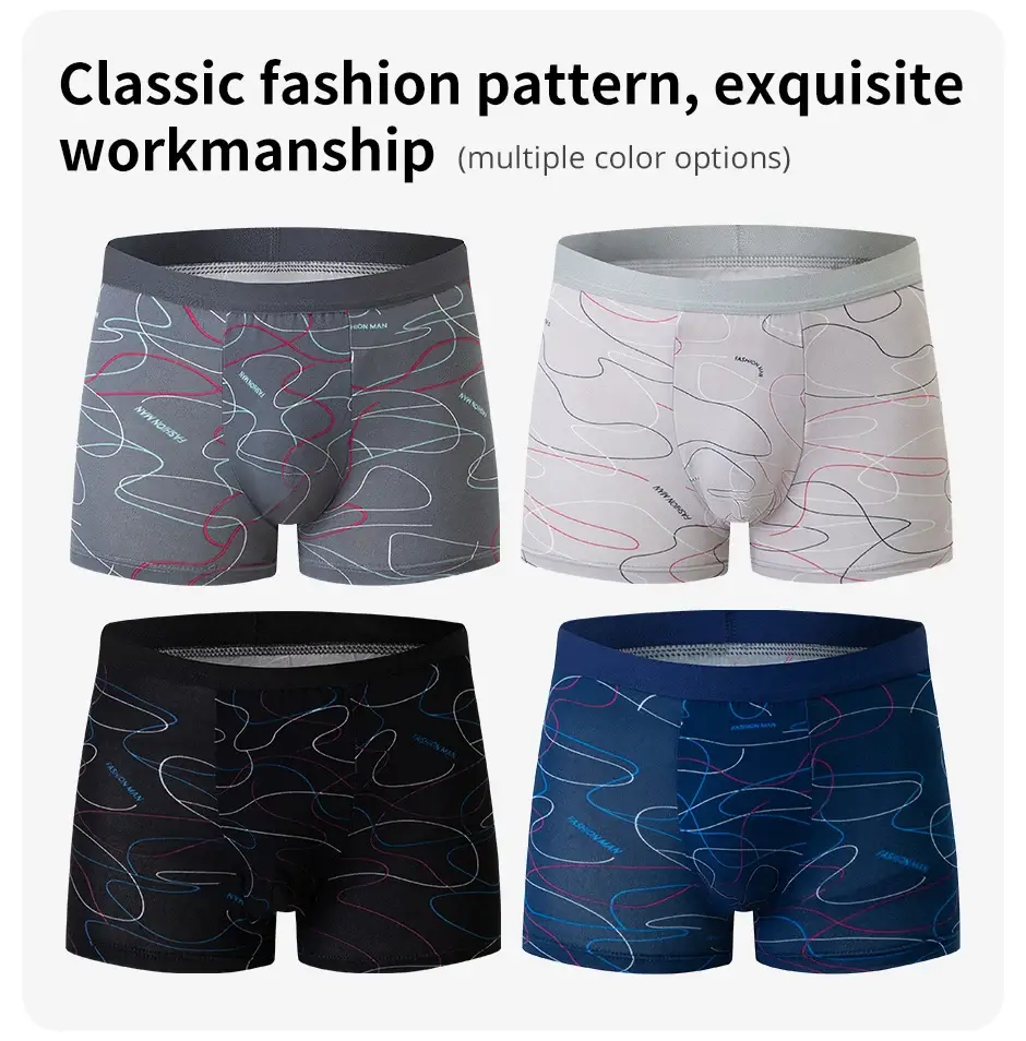 Pakaian dalam bermotif FASHION pria 4 potong petinju selangkangan bersirkulasi untuk remaja pakaian dalam ukuran besar yang nyaman hingga 6XL.