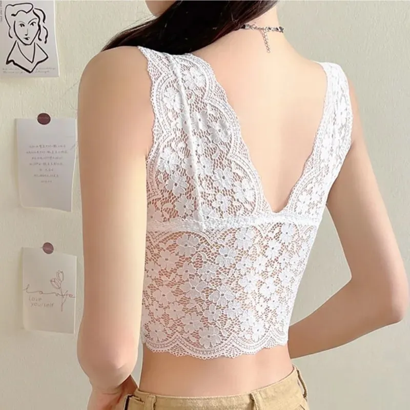 Reggiseno in pizzo Top con scollo a V profondo Bralette Reggiseno corto in pizzo da donna Lingerie sexy Reggiseno a canotta corto imbottito senza fili