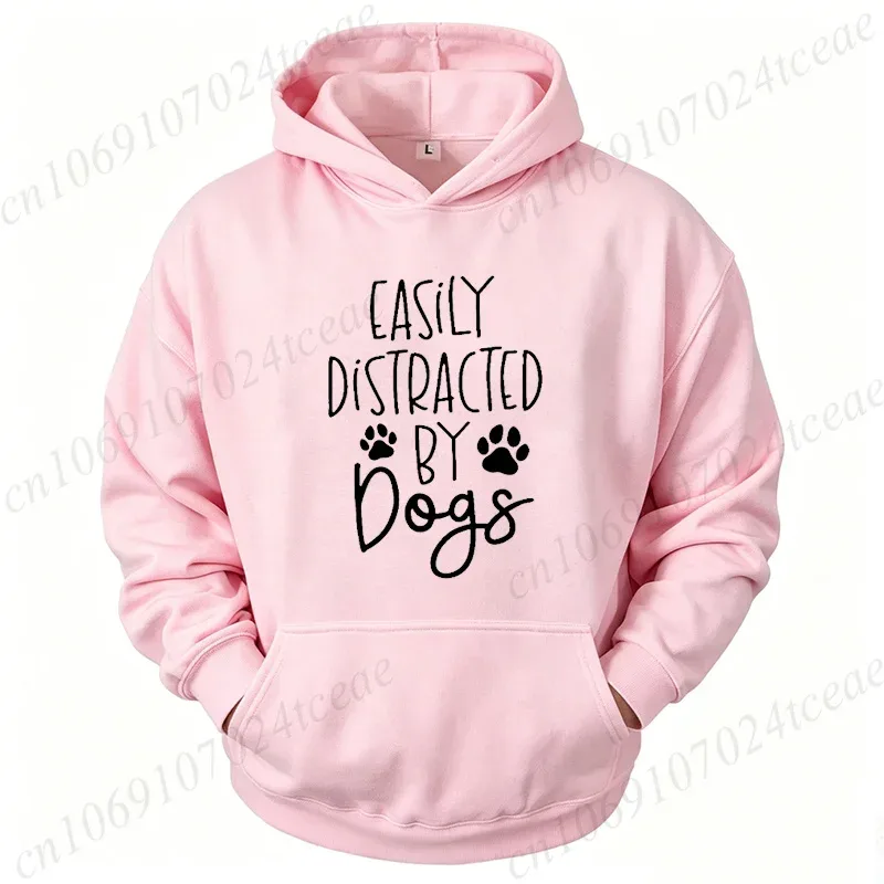Dog Lover Hoodies for Women Men Dog Paw Sweatshirts Pet Owner Tracksuits Easily Distracted By Dogs Letter with Paw Print Hoodies