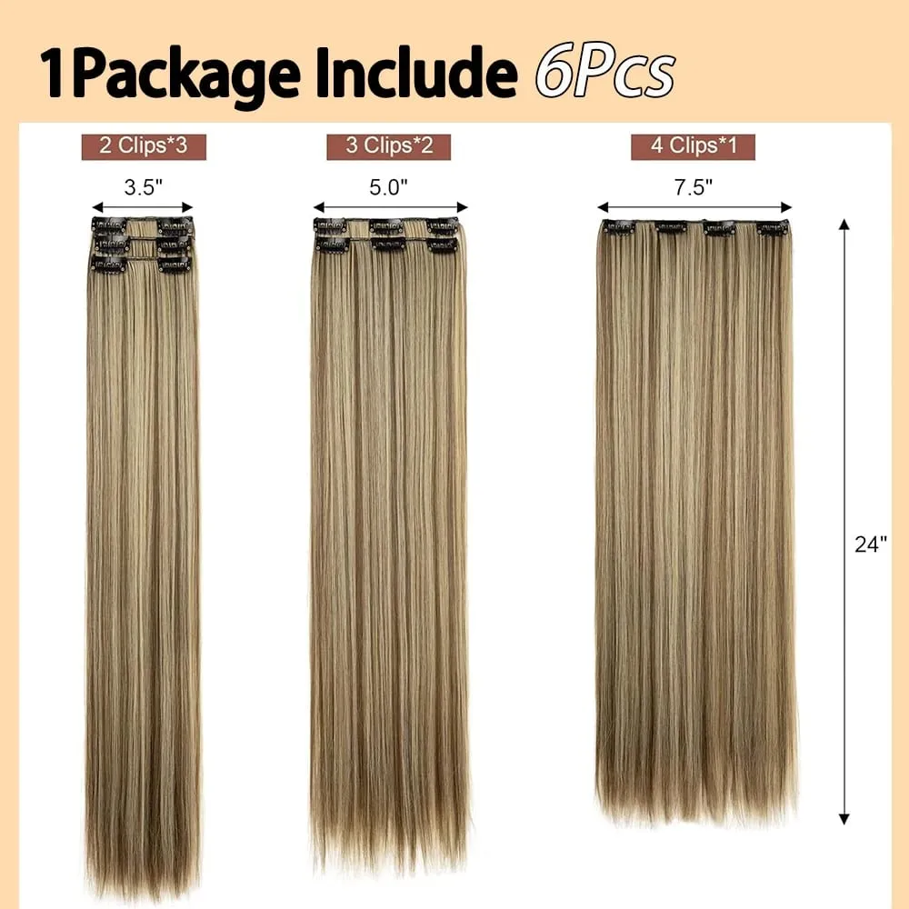 Synthetic Clips in Hair Extensions 6Pieces/Set 24 Inch Long Straight Extensions for Women Hairpiece