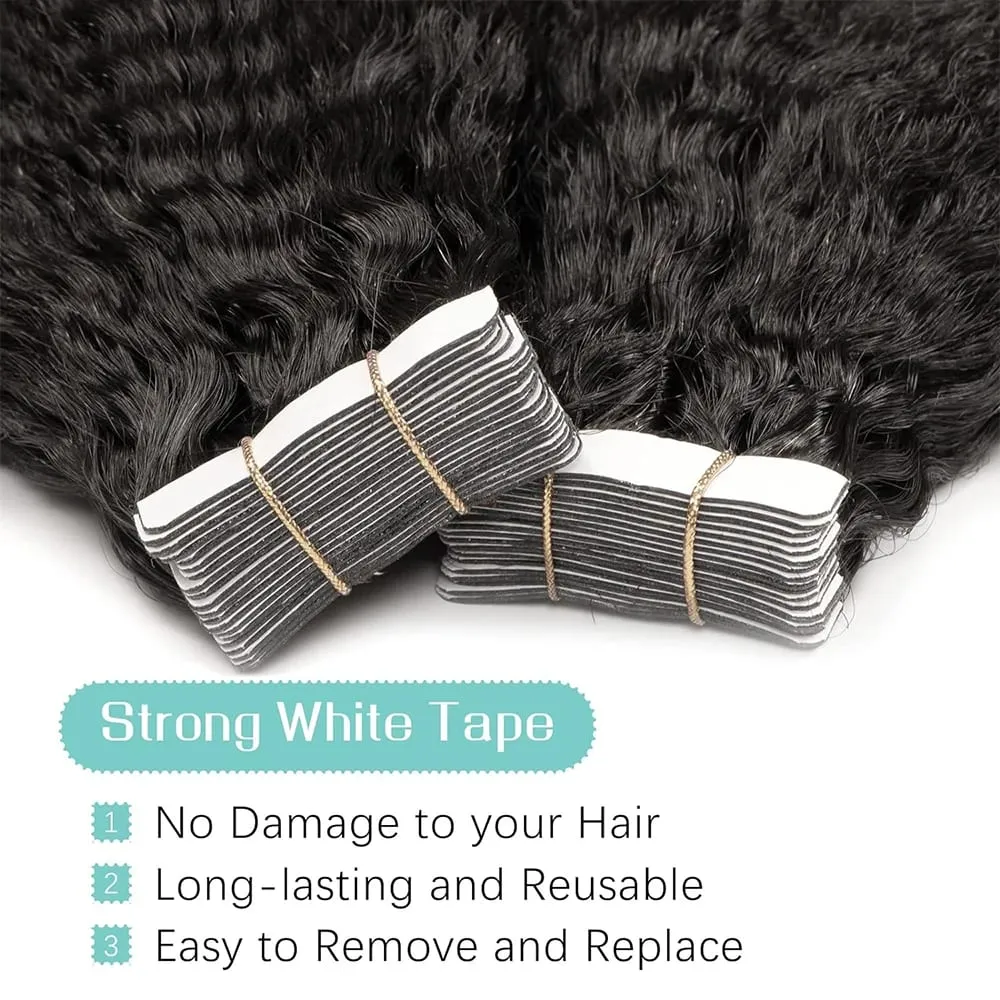Kinky Straight Tape In Hair Extensions 20Pcs/50g Adhesive Invisible Yaki Straight Tape Ins 100% Human Hair Natural Black 26 Inch