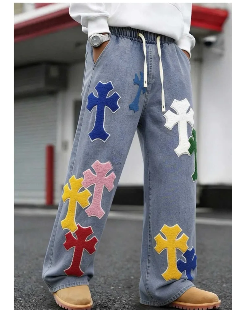 Men's Colorful Cross Embroidered Baggy Jeans Elastic Waist Wide Leg Streetwear Denim Pants Hip Hop Y2K Style Fashion Trousers