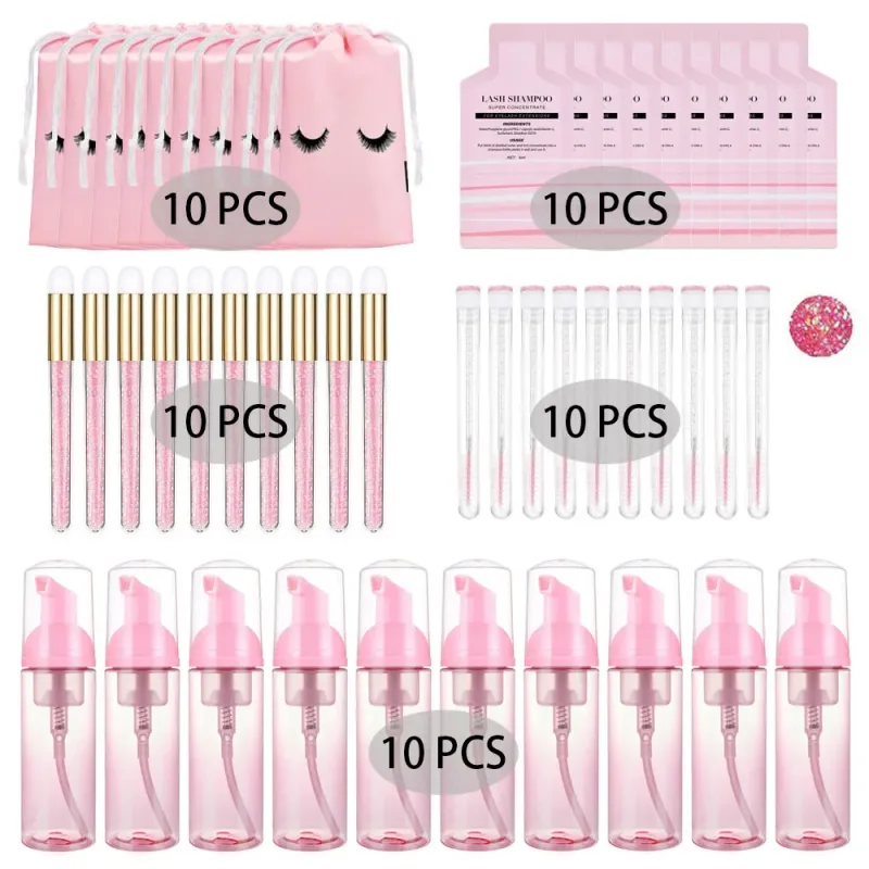 60ml Refillable Leakproof Empty Foam Pump Bottles Eyelash Extension Shampoo Kit Lash Comb Tube Cleaning Brush EVA Storage Bags
