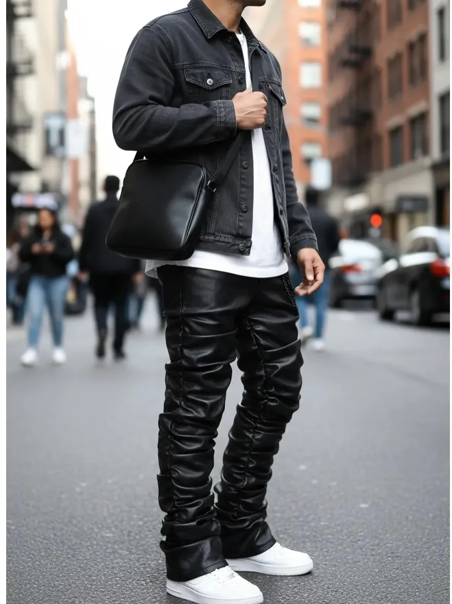 【HME】Men's Jeans | Black Wax Coated Denim Pants Faux‑Leather Look Stacked Ruched Denim Jeans For Men Full‑Length Wrinkle Pleat Design Tough Coated Denim Fabric Street‑Fashion Stacked Fit Male Trousers