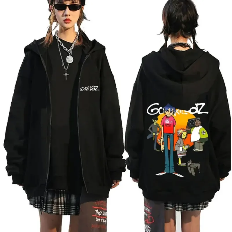 Rock Band Gorillaz Demon Days Eyes Graphic Zipper Hoodie Men Hip Hop Fashion Oversized Zip Up Jacket Unisex Zip Up Sweatshirt