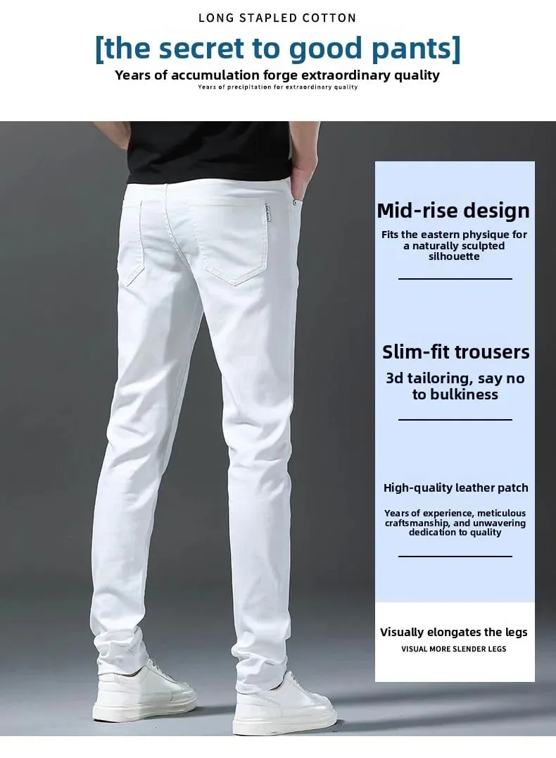 Mens Straight Elastic Waist Jeans 2025 Autumn Winter Fashion Brand Comfortable Versatile Pants Slim Fit White Jeans High Street