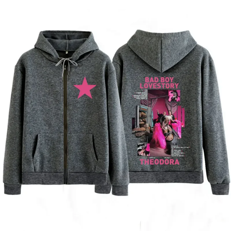 Rapper Theodora Mega Bbl Album Graphic Zip Up Sweatshirts Men Women Hip Hop Fashion Top Casual Aesthetic Trendy Zipper Hoodies