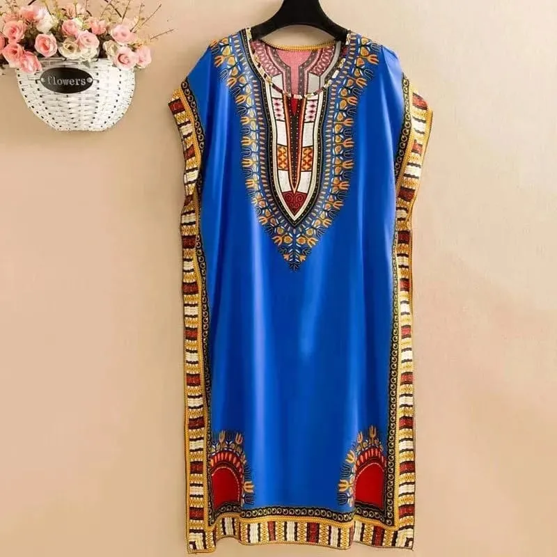 Summer cotton and silk dress medium and long bat sleeve loose large size beach dress mother dress belly and thin skirt women