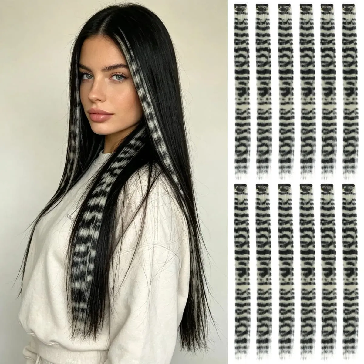 Synthetic clip in colorful striped hair Clip in feather hair extensions 18inch for women ladies daily party holiday