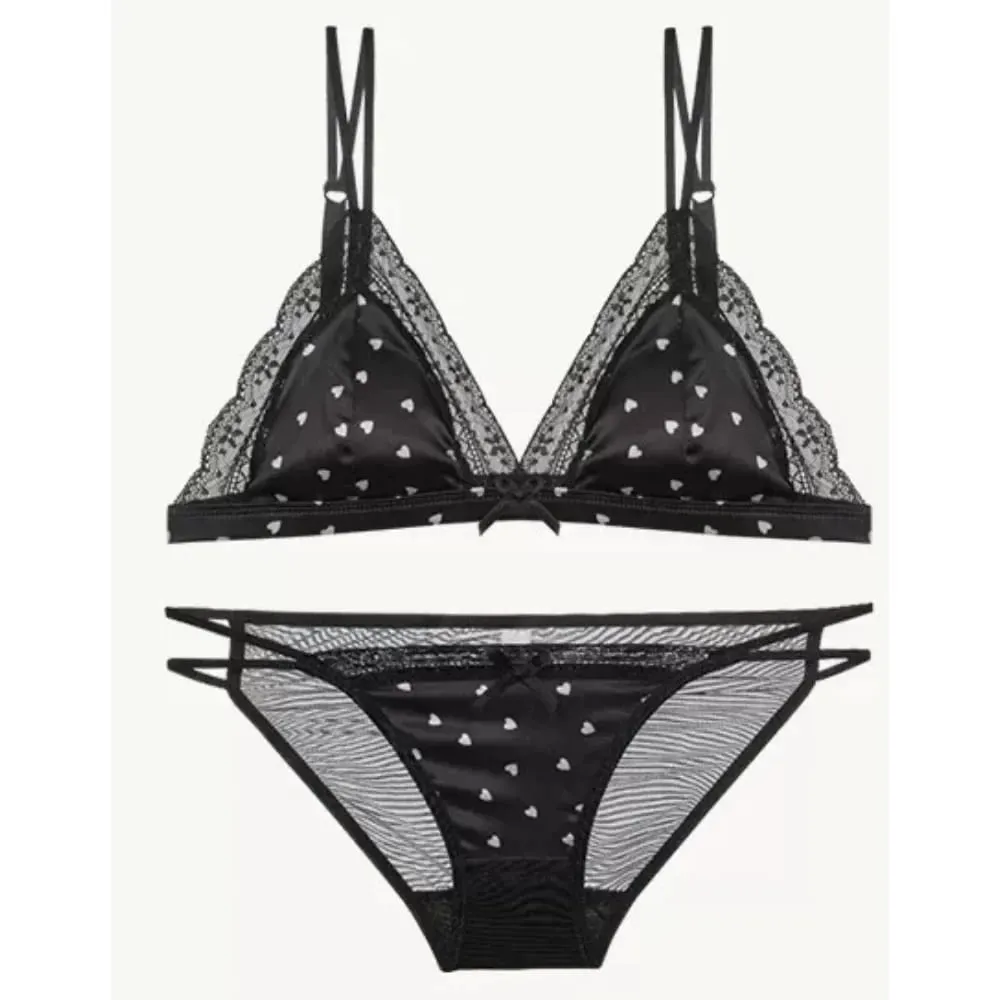 Elegant French Sweet Satin Lace Triangle Bra Pure Sexy Coquette Look Wirefree Small Bust Gathered Effect Thin Cup Bow Lingerie