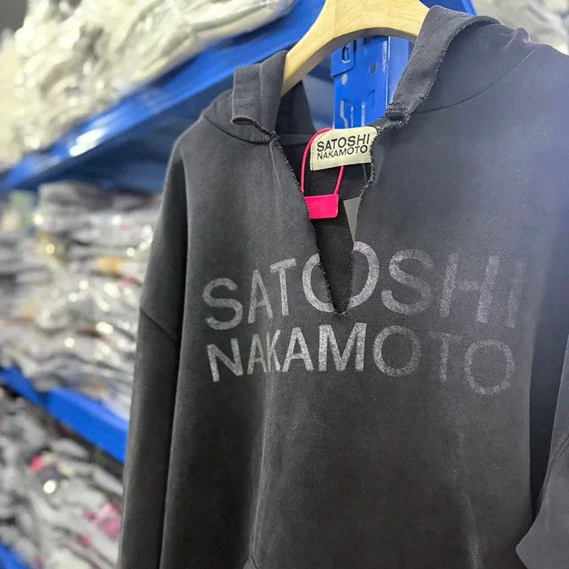 26SS Autumn Winter New Arrival Satoshi Nakamoto Hooded Sweatshirts Destructo Studded Washed Cotton Hooded Unisex Pullover