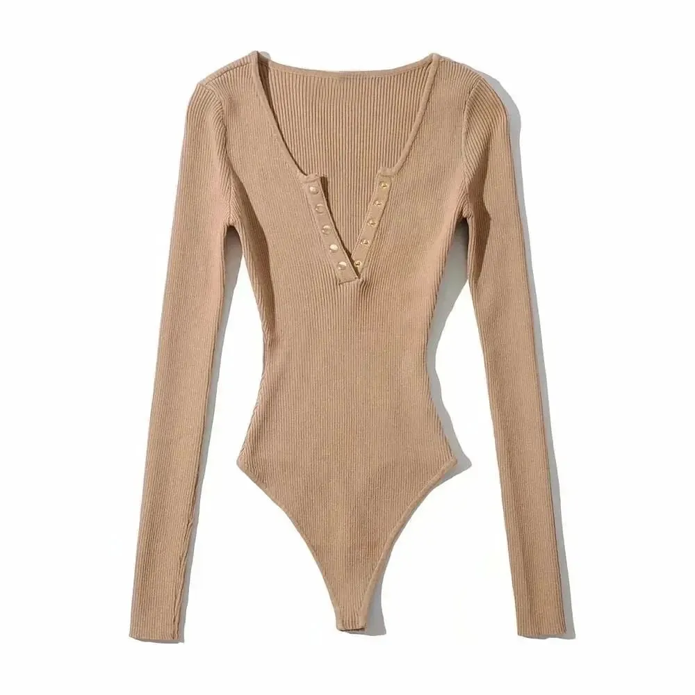 Long Sleeve Gold Button Detail Slim Fit V-Neck Bodysuit Sexy Elegant Wear Spring Autumn Women's Trendy Ribbed Knit Bodysui