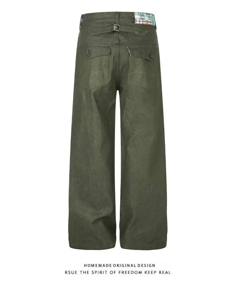 American Retro Style Army Green Wide Leg Jeans For Men Women Loose Versatile Casual Floor Length Denim Long Pants 9X4198