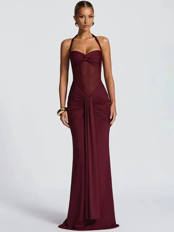 Mozision Halter, hát nélküli szexi maxi ruha női divatos patchwork, váll nélkül, ujjatlan, rovátkolt, drappos Bodycon klubruha
