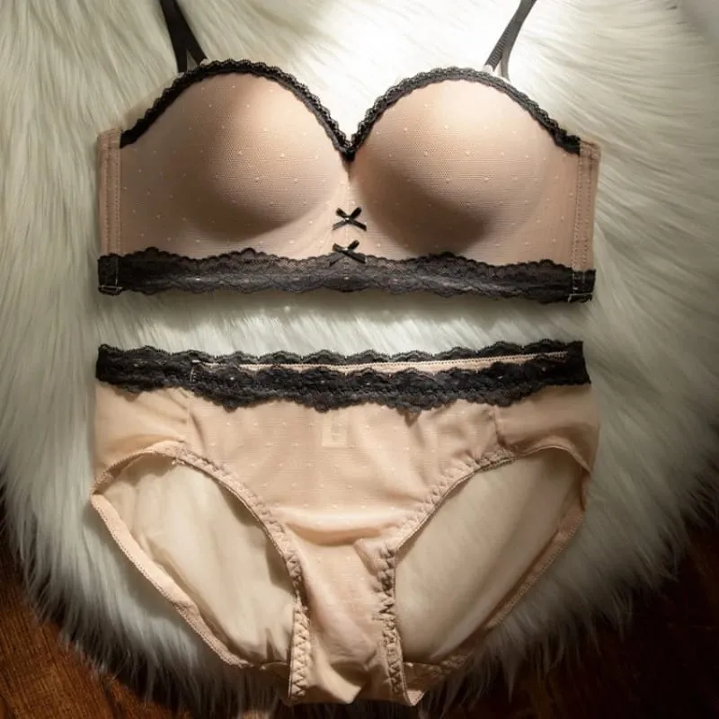 Sexy Mesh Wire Free Underwear Set Women Lace Dot 1/2 Palm Cup Push Up Bra Summer Detachable Strap Lingerie and Panties Sets — image 3
