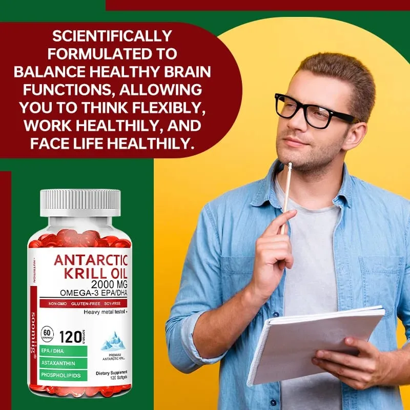 Antarctic Krill Oil 2000 Mg Capsules | 3X Strength Natural Source of Omega-3 EPA DHA with Astaxanthin Phospholipids Supplement