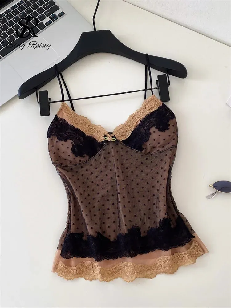 Polka Dot Mesh Lace Top French V Neck Shirred Stretchy Slim Backless Pambabaeng Tank Top Summer Y2K Sensual Lazy Kamisole