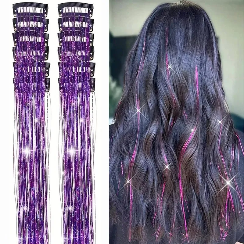 12pcs Per Pack of BB Hair Clips Shiny Metallic Hair Extensions with Clips Synthetic Hair Sparkling Hair Accessories for Women