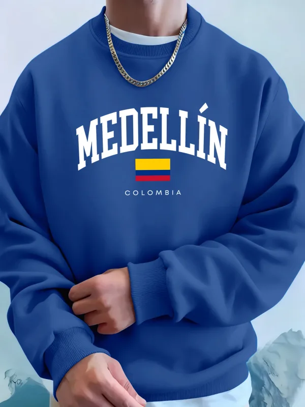 Medellin Colombia Letter And Flag Printed Men'S Hoodies Comfortable Fleece Sweatshirts Soft Fashion Tops Street Warm Clothes
