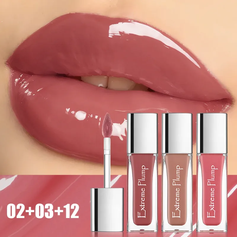 3 יחידות Extreme Plump Lip Gloss סט גימור זכוכית למראה שפתיים גלזורי לחות לא דביק עמיד למים שפתון נוזלי עירום — image 3