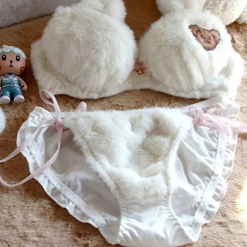 Winter Cute Cartoon Bear Embroidery Sweet Lingerie Bras Underpants Underwear Two Piece Sets Sweet Plush Set Sexy Girlfriend Gift