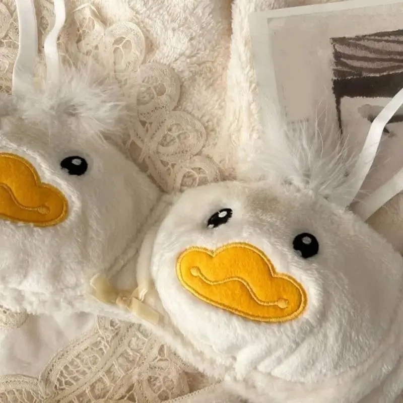 Women's 2Pcs Furry Bra and Panty Set Cartoon Duck Pattern Fuzzy Plush Wireless Underwear Japanese Anime Lingerie