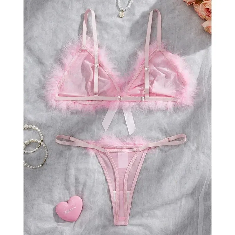 Valentine Lingeries Sexy Hot Cute Bra Hilitos 2PC Romantic Intimate Fluffy Decor Pure Desire Fantasy Women's Underwear