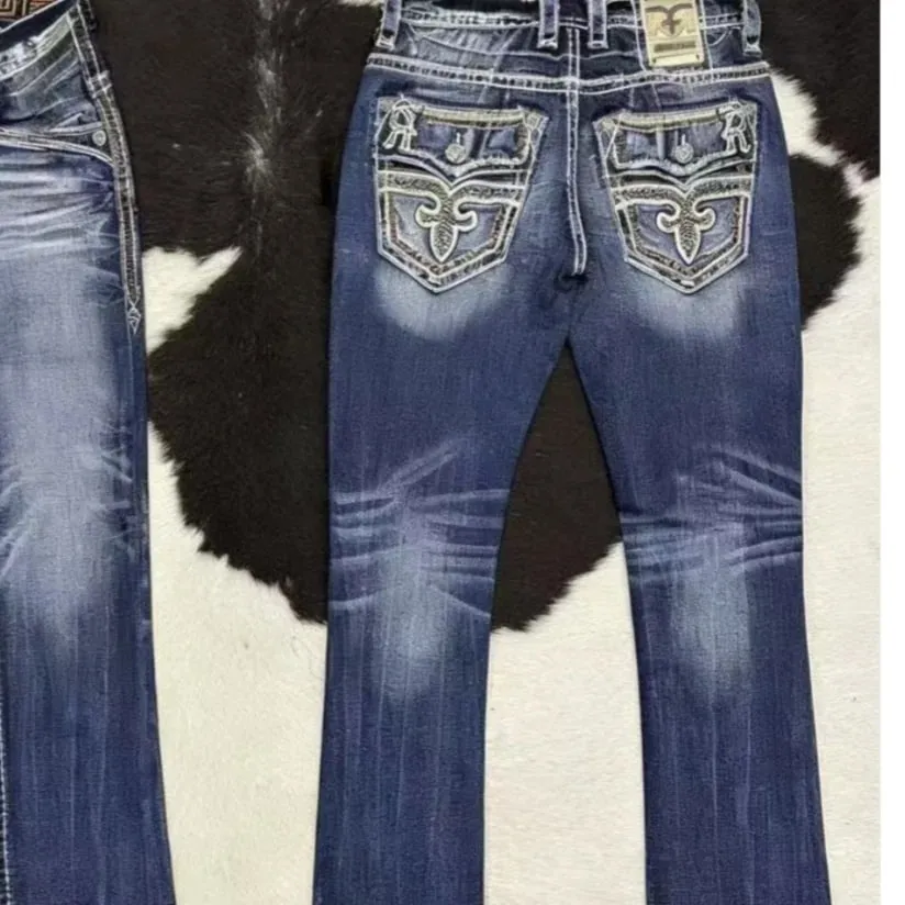 Retro trendy brand washed high elastic wide leg flared jeans Y2K summer blue embroidery American Gothic new fashion heavy street