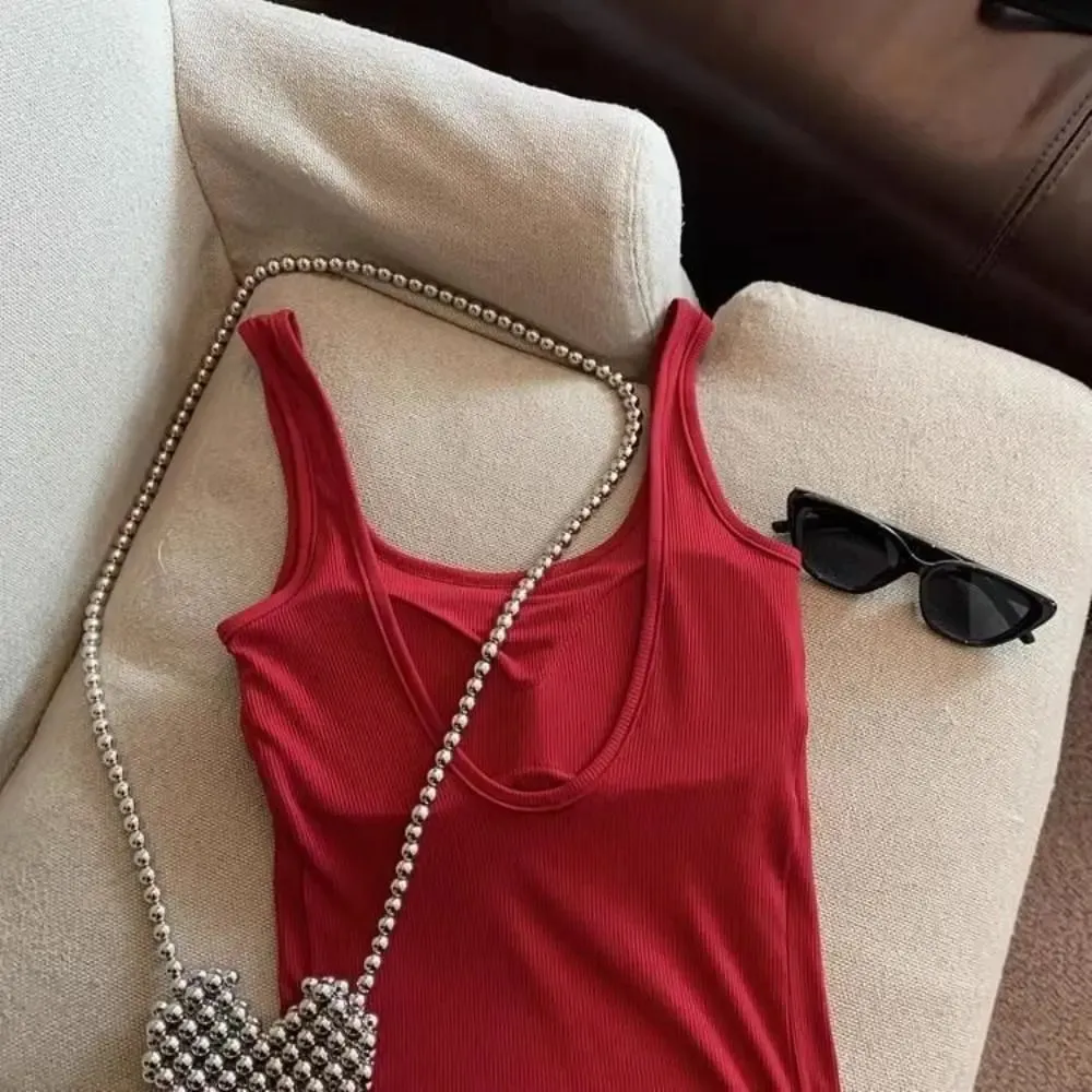 Fashion Solid Color Bodycon Top with Chest Pad Sleeveless Tank Top Clubwear Backless Vest for Women
