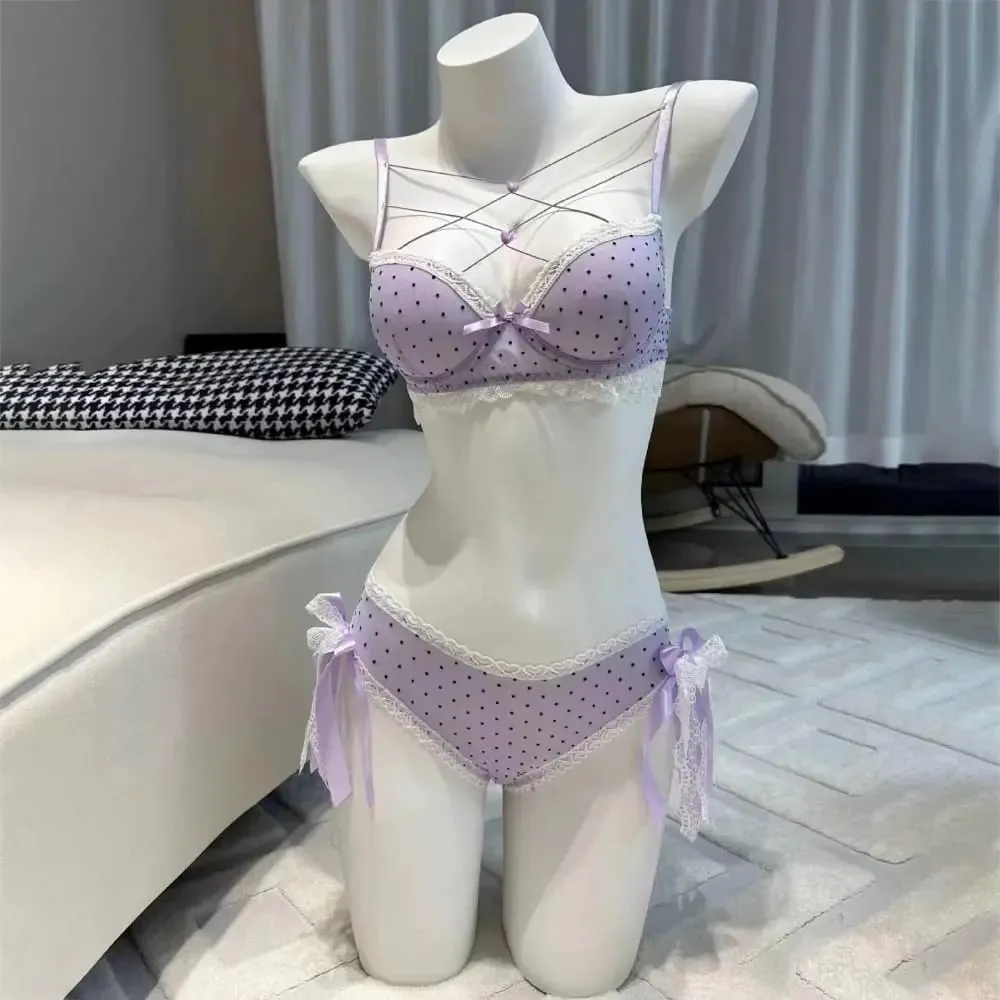 Beautiful Dots Lace Bra Set Bowknots Lace-up Bra Panties Set Love Heart Intimates Push Up Bra Women Romantic Evenings