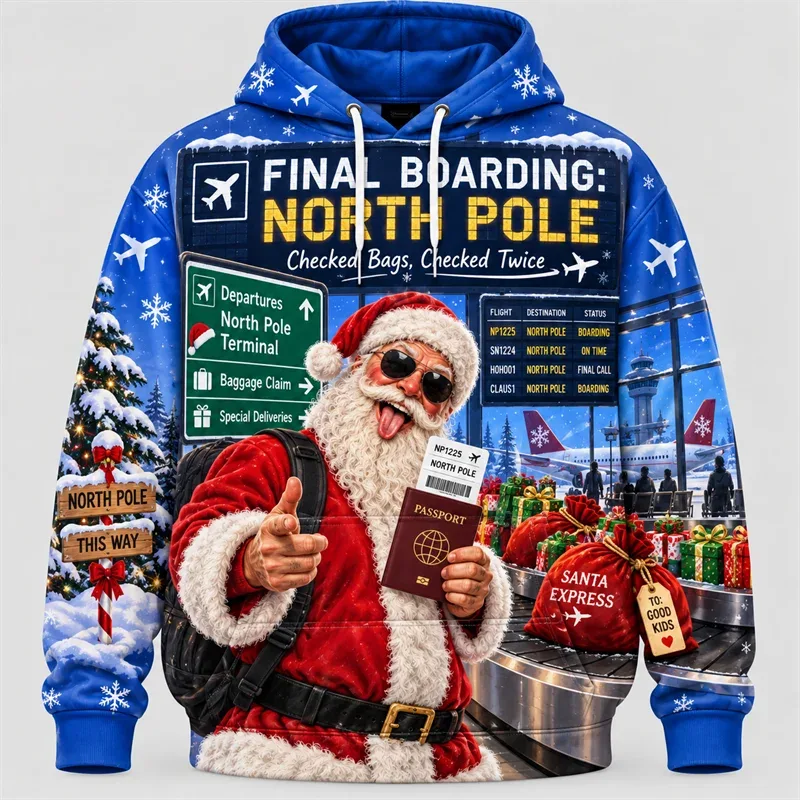 Funny Santa Christmas Hoodie 3D Print Karaoke Sleigh Repair Laundry Snack Holiday Party Pullover Winter Streetwear Gift