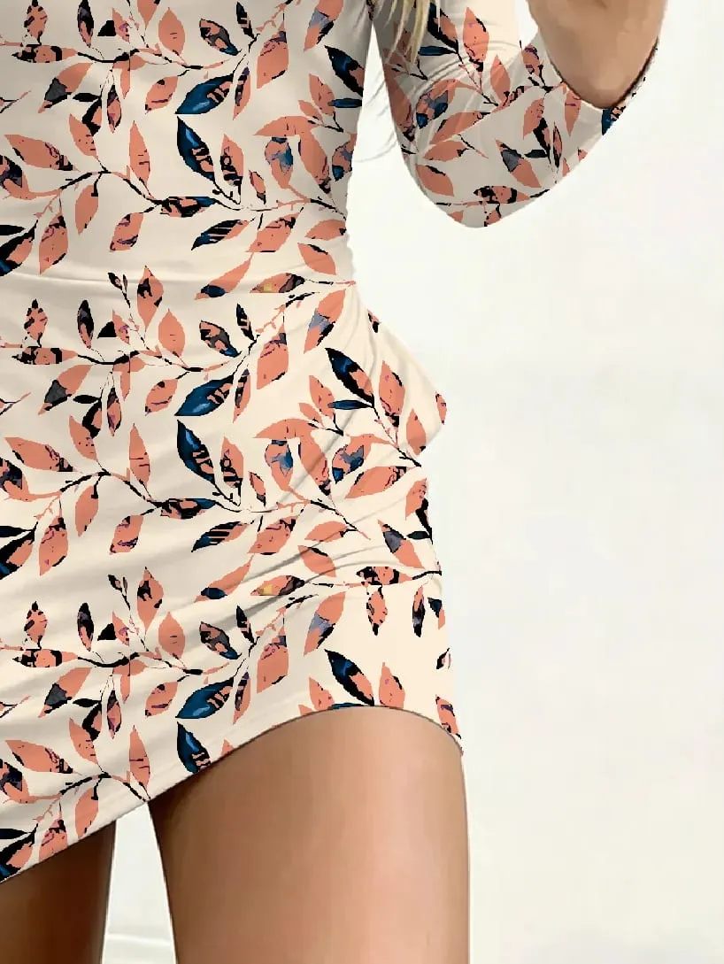 Autumn women's casual round neck leaf print waist cinched long sleeved pocket dress mini skirt length