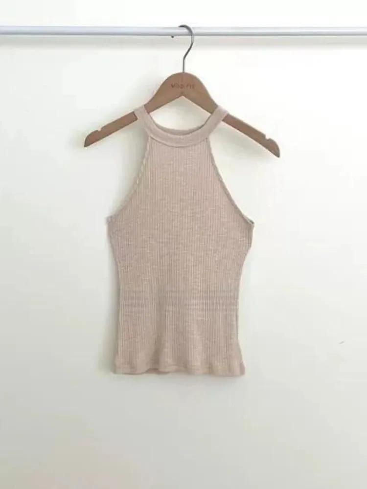 Halter Off Shoulder Crop Top Korean New Arrival Elegant Slim O-Neck Tank Top Women Fashion Figure Flattering Sleeveless Camis