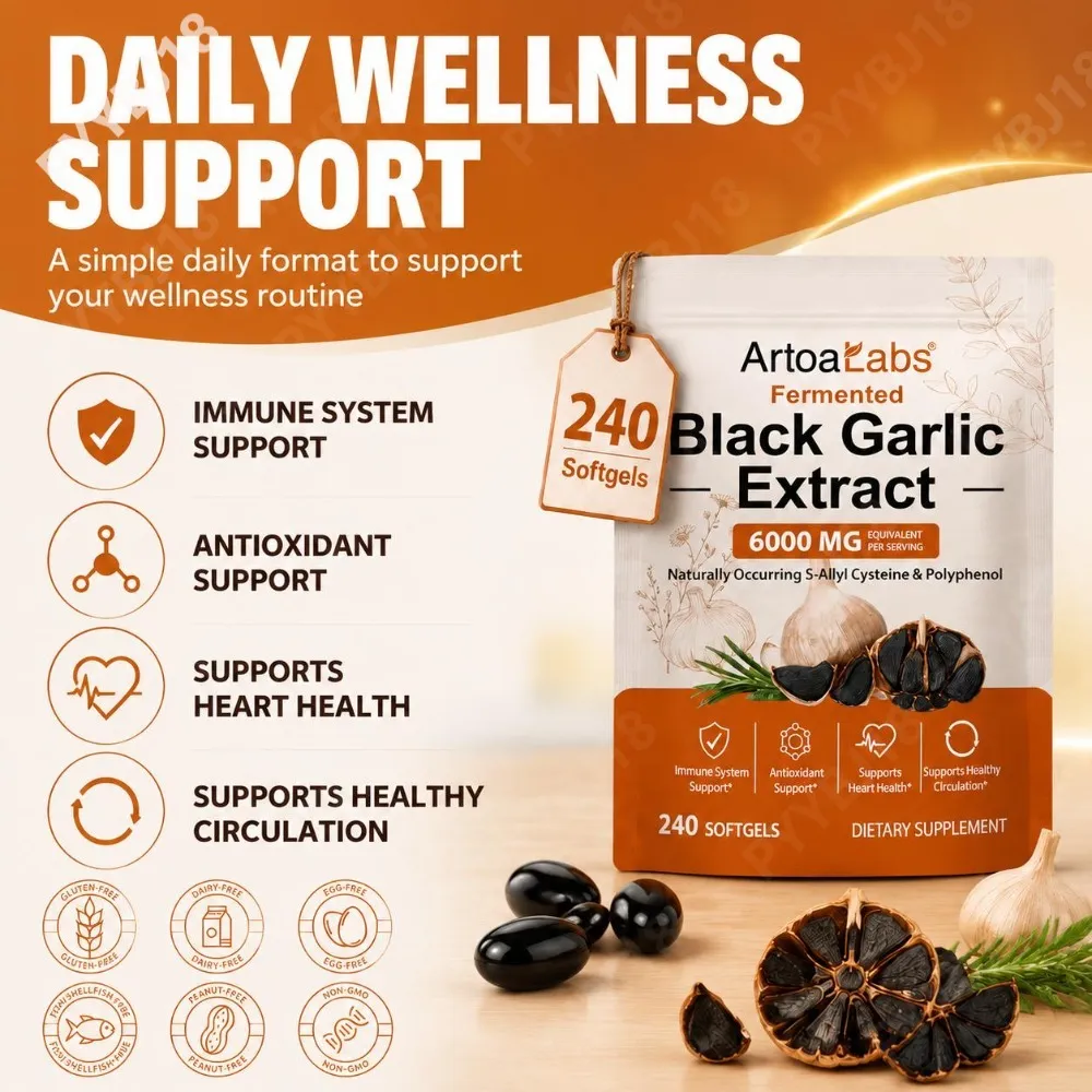 Fermented Black Garlic Extract Softgels 6000mg Equivalent Supplement for Daily Wellness Antioxidant Immune Support 240 Softgels