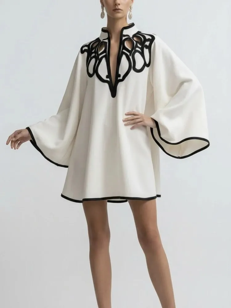 Freeacy Hollowed V-neck Mini Dress for Women Flared Sleeves A-line Pleated Dress 2026 Stylish Contrast Trims Elegant Party Dress