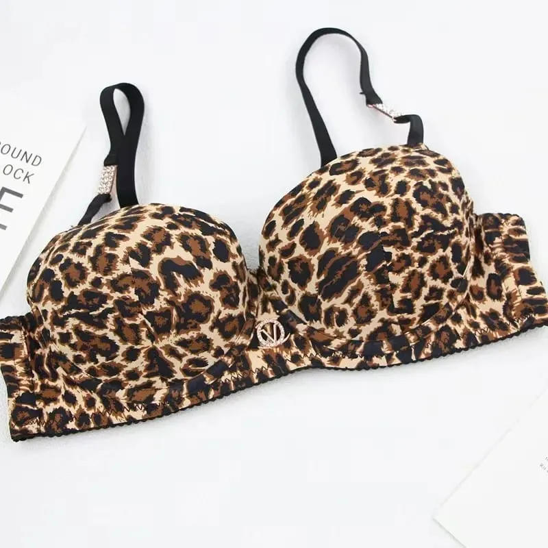Sexy Thick Lingerie Set Leopard Print Upper Thin Lower Thick Bra Set Sexy Push-Up Bra Set
