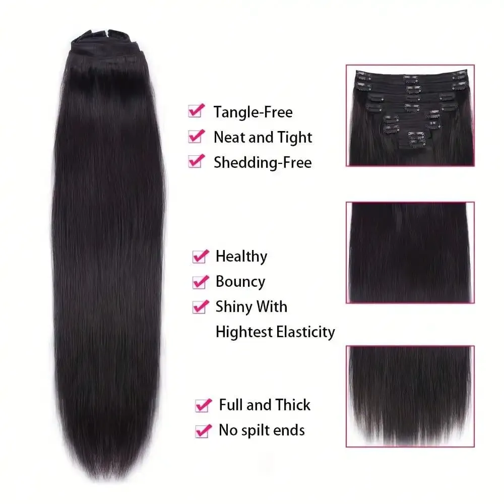 8pcs Clip In Hair Extensions Jet Black Straight Hair Rich Full Glossy Natural Finish For Various Looks 18 20 Inch