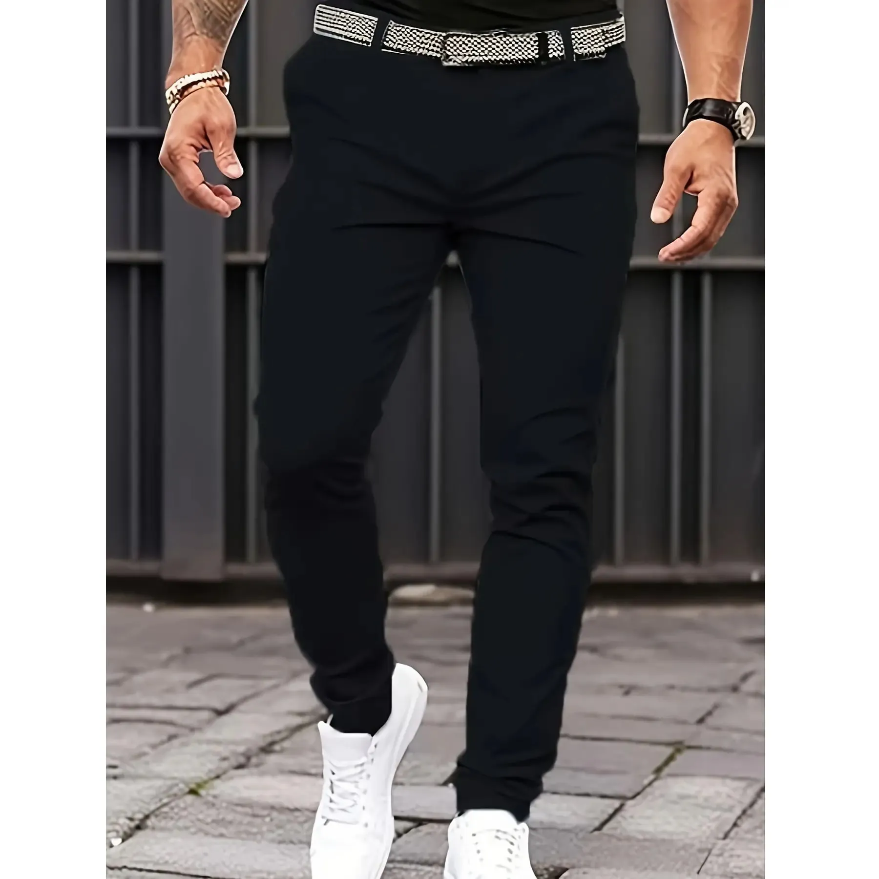 Men's new fashionable and trendy casual slim fit black and white leg binding jeans