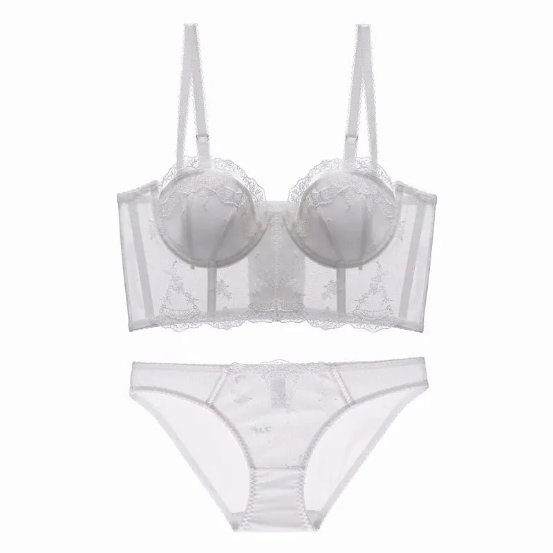 French Fishbone Corset Top Women Lace Lingerie Set Outer Wear Bra Thin Push‑Up Less Bust Side Support Underwear 32‑38