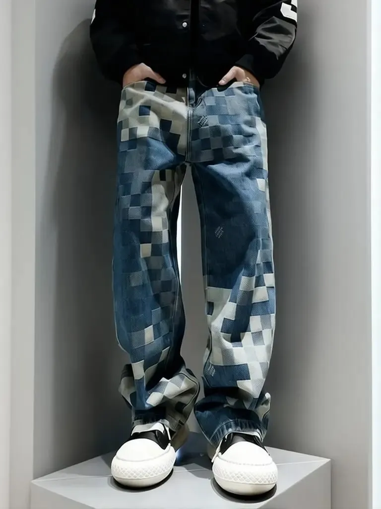 Y2k Streetwear Plaid Baggy Jeans Men Straight Wide Leg Loose Pants Fashion Hip Hop Washed Vintage Denim Pants Trousers