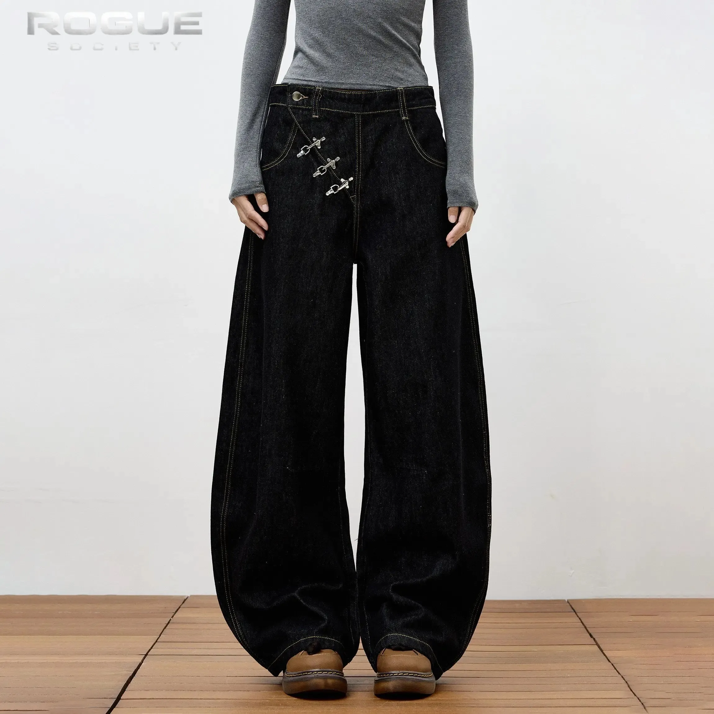 High Retro Hip Hop Wide Leg Raw Denim Jeans Women Airplane Buckle Design Curved Hem Floor Length Jeans Streetwear Daily Clothes