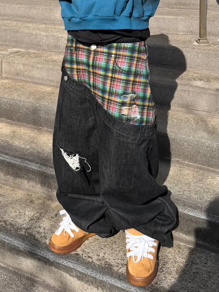 Y2k Harajuku Baggy Jeans Retro Plaid Patchwork Men And Women Wide Leg Pants American Hip Hop Streetwear Casual Jeans