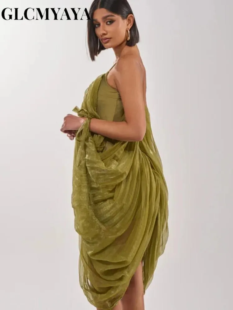 CM.YAYA Women Sheer Mesh Draped Plunging Neck Mini Slip-style Midi Dress 2026 Summer Holiday Birthday Vacation High-low Dresses