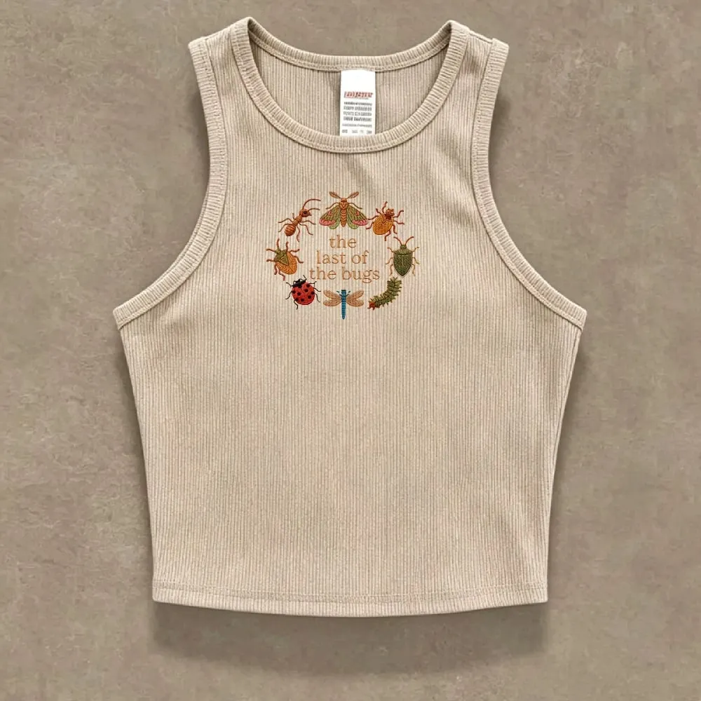 Cropped Ribbed Faux Embroidery Tee Shirt Y2K Cottagecore Insect Bug Print Vest Tank Top Summer Minimal Nature Gift for Her Lady