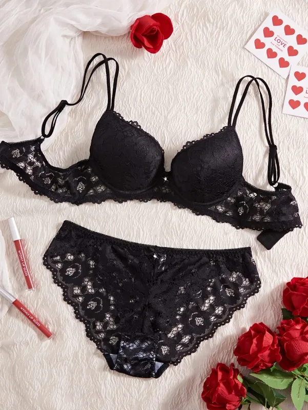6-Piece Set Women's Underwear Set Sexy Patterned Lace Patchwork No Lining Comfortable Fitting Women's Push-Up Bra Sexy Lingerie