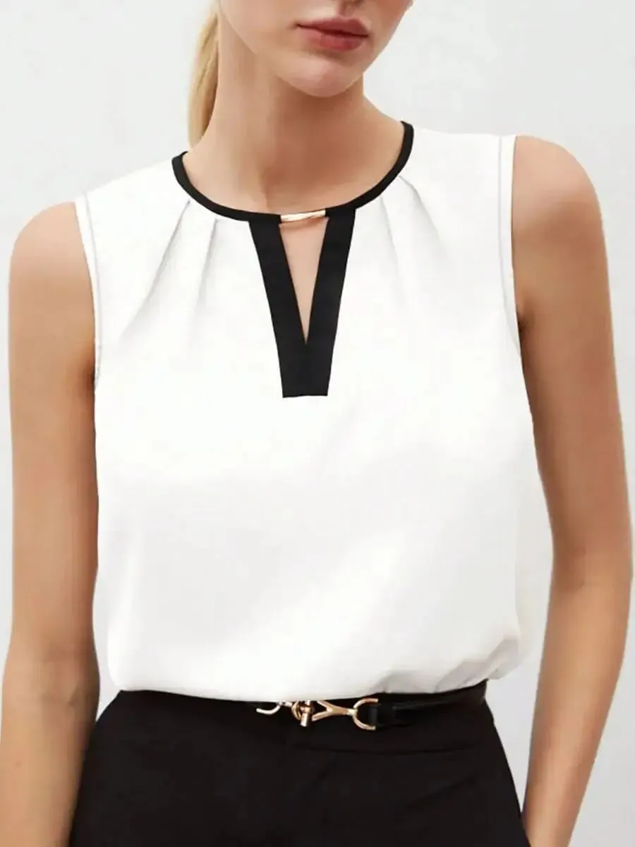 Women's Tank Top Spring Summer White Black Contrast Trim V Neck Sleeveless Loose Elegant Office Daily Work Top