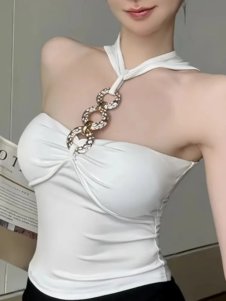 Fashion Sexy One Piece With Chest Pad Slim Versatile Camis Women's 2026 Summer New Chain Halter Tank Top