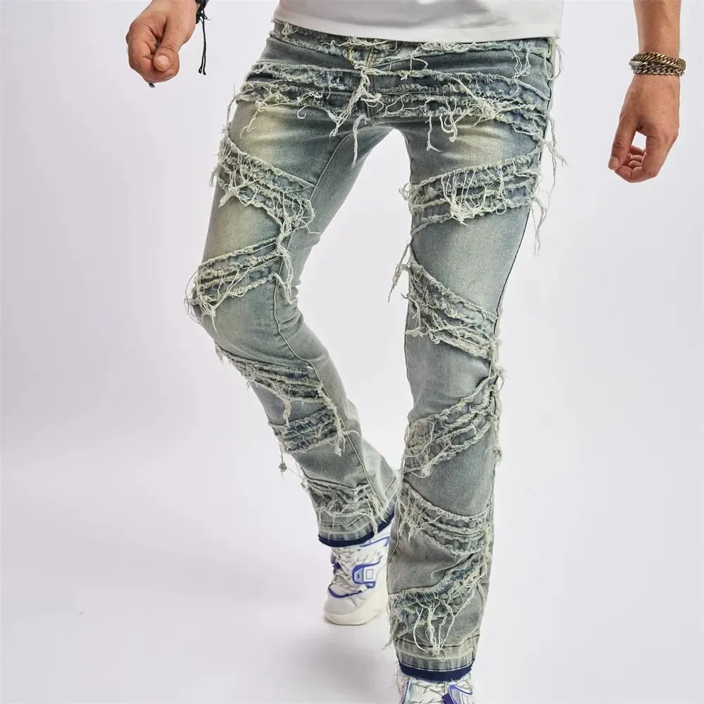 Gescheurde herenjeans Rekbaar denim Street chic Scheurend patchwork Gaten Gescheurd denim Losse casual broek Slim-fit rechte broek