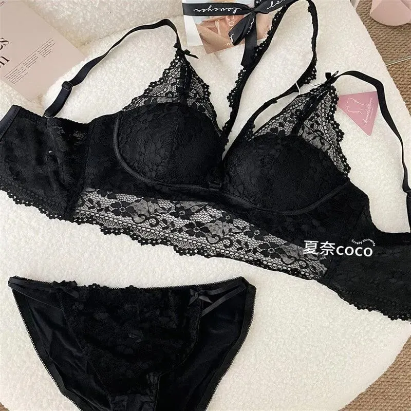 French Lace Wide Strap Thick Top Inner Lace Layer No Underwire Bra Set Petite Women Small Bust Comfort Lingerie Set 32-38 S-XL
