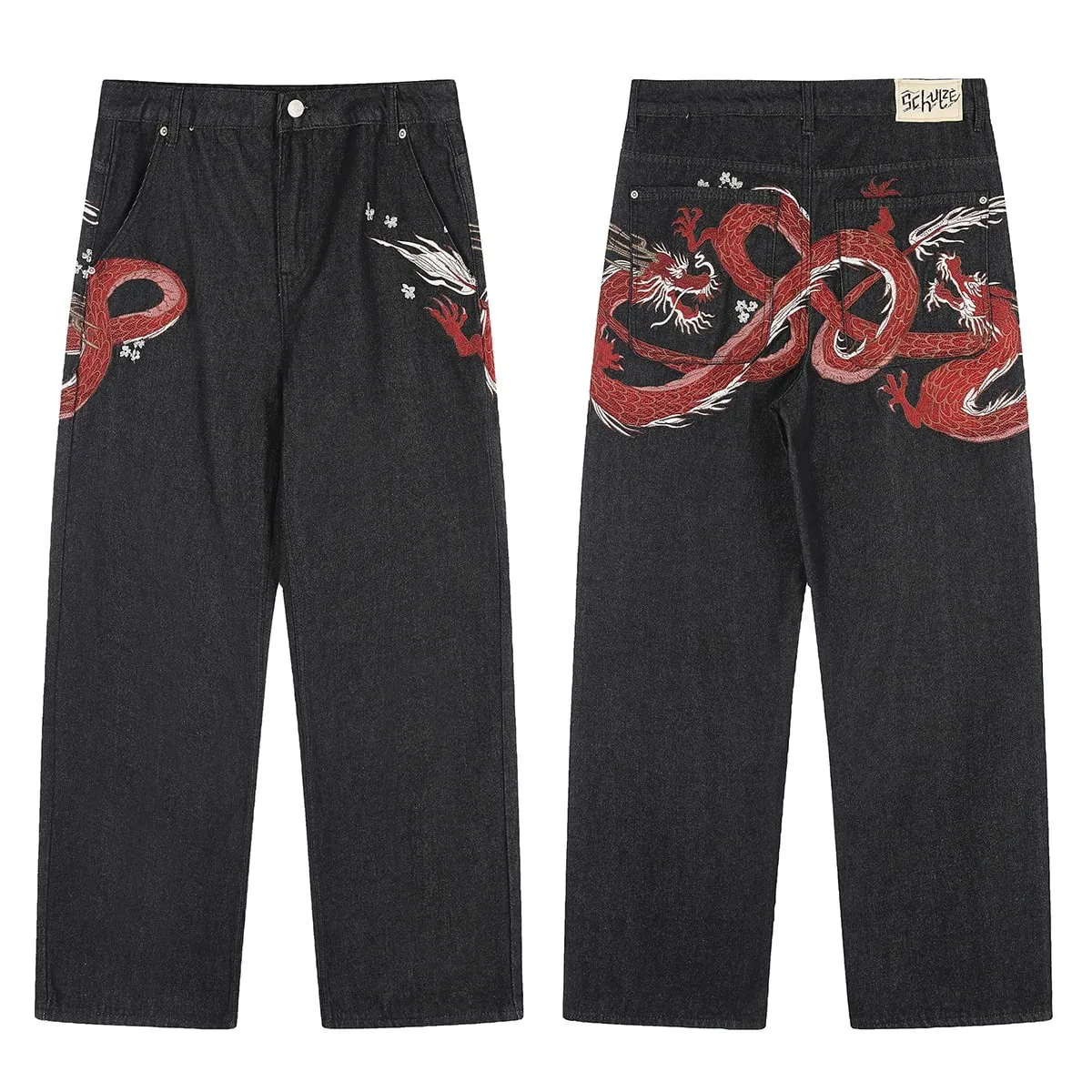 High Street Flower koi Fish Embroidery Baggy Jeans Pants for Men and Women Pantalones Hombre Straight Denim Trousers Oversized